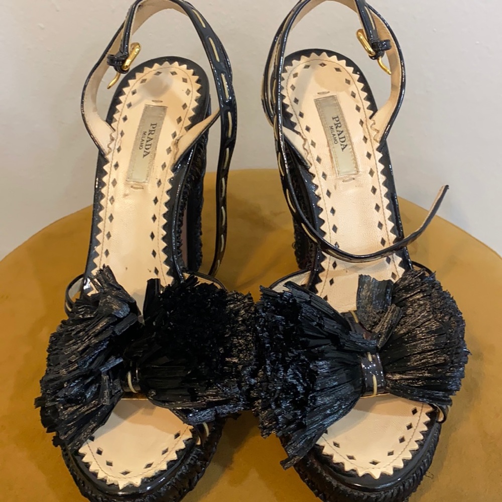 Prada Sandals Black with Straw Bow Size 37
